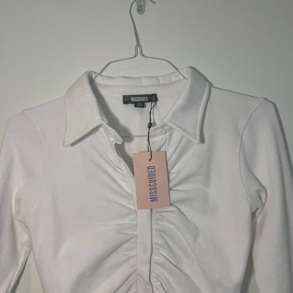 White Ribbed Long Sleeve Ruched Mini Dress - Picture 5 of 6